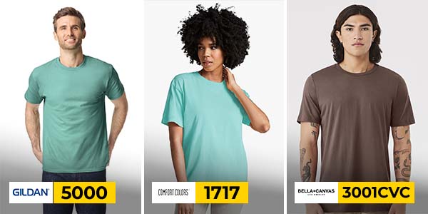 Gildan 5000 vs Comfort Colors 1717 vs Bella+Canvas 3001CVC T-Shirt Comparison Side-by-side image of models wearing Gildan 5000, Comfort Colors 1717, and Bella+Canvas 3001CVC blank t-shirts showcasing fit, fabric, and color differences