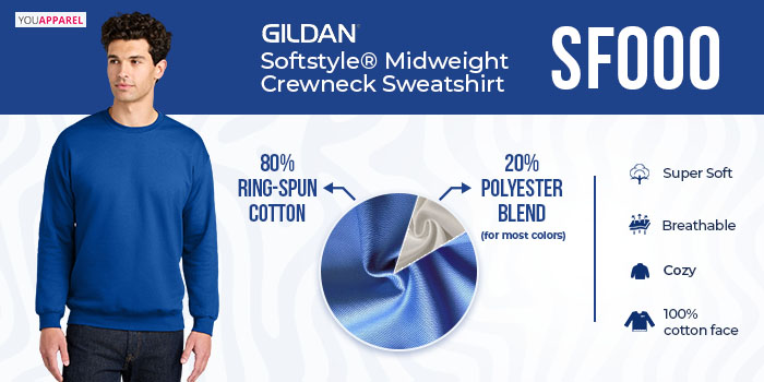 Gildan SF000 Softstyle midweight crewneck sweatshirt showing 80 percent ring-spun cotton 20 percent polyester blend with 100 percent cotton face and soft feel