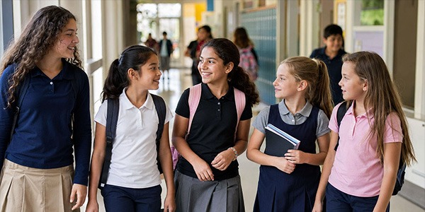 Girls Polo Shirts for School Uniforms Girls wearing youth polo shirts in white, navy, grey, and pink for school uniforms