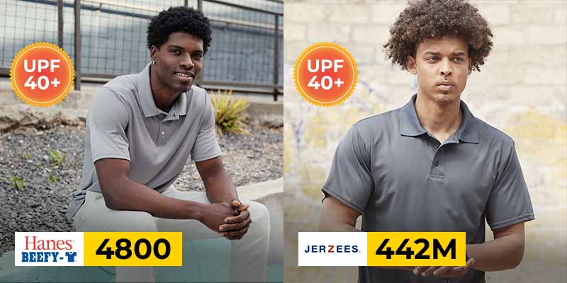 Side-by-side view of two men wearing Hanes 4800 and Jerzees 442M polo shirts with UPF 40+ sun protection outdoors