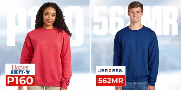 Female model wearing red Hanes P160 fleece sweatshirt and male model wearing navy JERZEES 562MR crewneck sweatshirt for wholesale apparel comparison