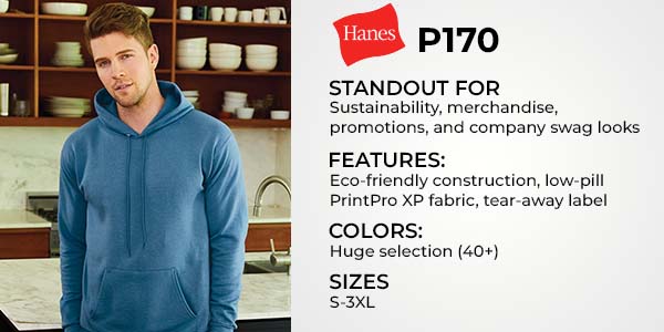 Man wearing Hanes P170 blue hoodie – eco-friendly wholesale blank sweatshirt made with recycled polyester, ideal for embroidery, screen printing, and bulk company swag