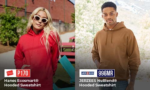 Side by side comparison of Hanes P170 EcoSmart and JERZEES 996MR NuBlend blank hooded sweatshirts