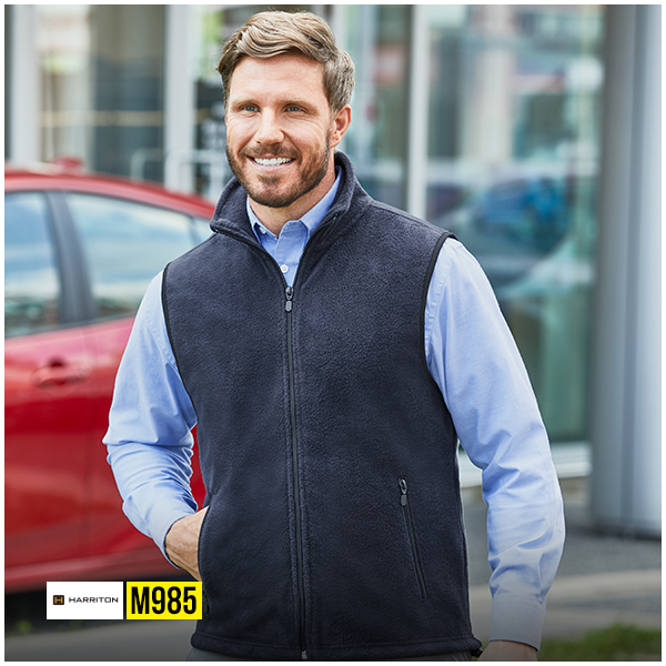Harriton M985 black fleece vest lightweight warm corporate outerwear for men