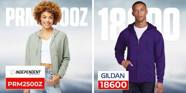 Female model wearing sage Independent PRM2500Z zip hoodie and male model wearing purple Gildan 18600 full zip hoodie in wholesale apparel comparison