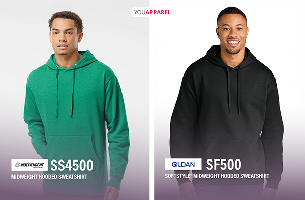 Independent SS4500 vs Gildan SF500 Midweight Hoodie Comparison Side-by-side comparison of Independent Trading Company SS4500 and Gildan SF500 midweight blank pullover hoodies showing fit and style differences