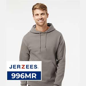 Man wearing Jerzees 996MR hooded sweatshirt in grey, wholesale fleece hoodie for customization