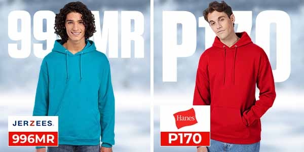 JERZEES 996MR vs Hanes P170 Hooded Sweatshirts Comparison for Wholesale Buyers Male model wearing turquoise JERZEES 996MR hoodie and male model wearing red Hanes P170 hoodie in wholesale fleece comparison