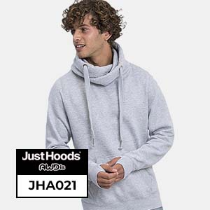Men's grey hoodie by Just Hoods JHA021 with drawstring detail, perfect for customization and bulk wholesale orders.