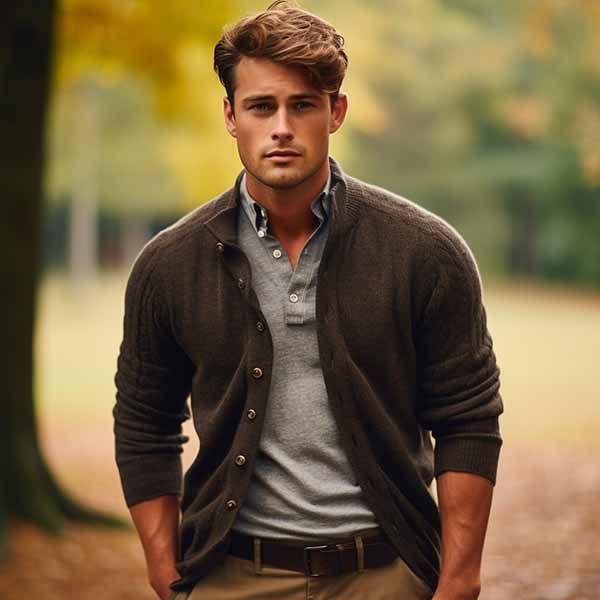 Men’s Brown Cardigan – Casual Fall Layered Outfit man wearing brown cardigan layered over shirt casual fall outfit outdoors