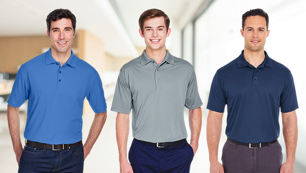 men wearing polo shirts in blue grey and navy for corporate uniforms and workwear