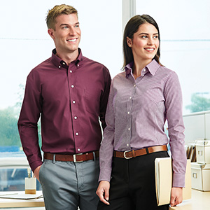 man and woman wearing button down shirts corporate office business attire