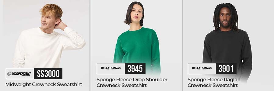 Midweight Crewneck Sweatshirt Comparison: SS3000 vs 3901 vs 3945 Comparison of midweight crewneck sweatshirts showing Independent SS3000, Bella+Canvas 3945 drop shoulder, and Bella+Canvas 3901 raglan styles