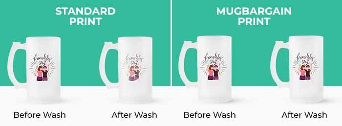 Side-by-side comparison of standard print vs. MugBargain print on beer mugs, showing durability before and after washing.