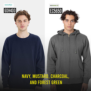 Navy, Mustard, Charcoal, and Forest Green Sweatshirts Sweatshirts in navy, mustard, charcoal, and forest green, available for customization.
