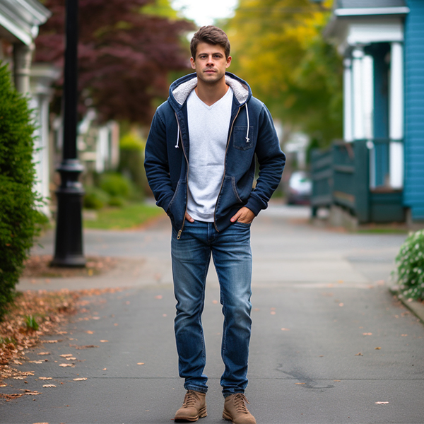 man wearing navy zip hoodie fleece jacket casual streetwear outfit outdoors