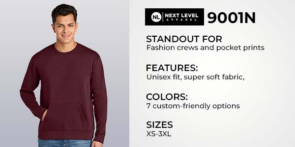 Man wearing Next Level 9001N maroon crewneck sweatshirt – unisex wholesale blank sweatshirt with pocket, designed for fashion crews and bulk customization