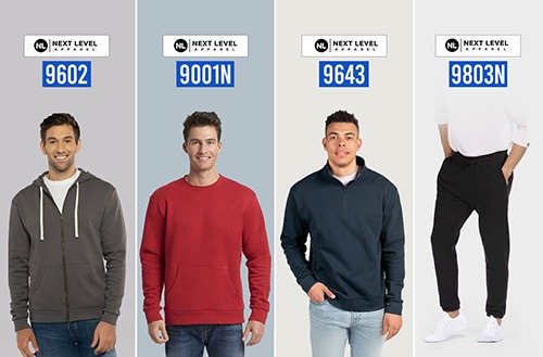 Four-panel lineup of Next Level Apparel Santa Cruz styles: model in charcoal 9602 full-zip hoodie, model in red 9001N crewneck, model in navy 9643 quarter-zip, and cropped view of black 9803N fleece sweatpants; style badges shown.