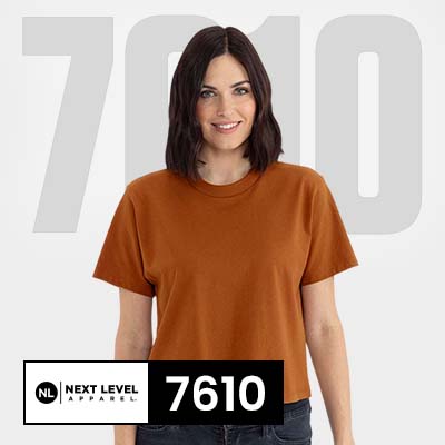 Model wearing a Next Level 7610 Women’s T-Shirt in a warm brown color.