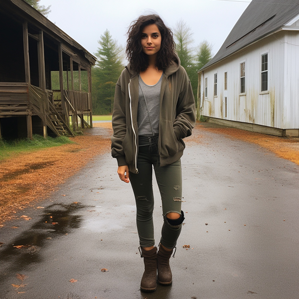 woman wearing olive zip hoodie casual outdoor streetwear outfit in natural settin