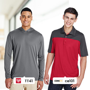 men wearing performance hoodie and colorblock polo shirt for corporate uniforms