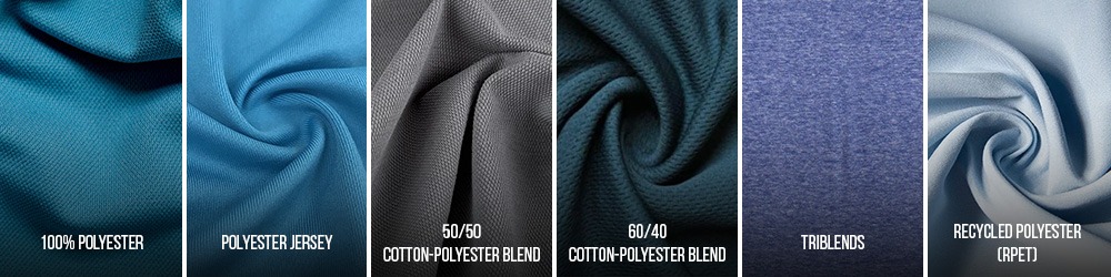 Performance t-shirt fabric types including 100% polyester, polyester jersey, cotton-polyester blends, triblends, and recycled polyester for wholesale buyers.