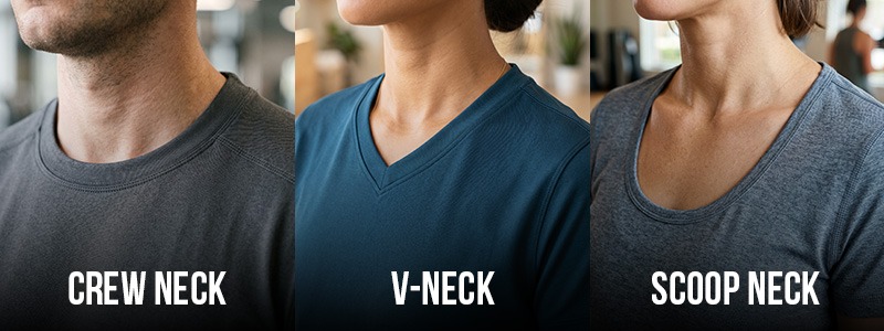 Performance t-shirt neckline types showing crew neck, V-neck, and scoop neck cuts for athletic wear, fitness shirts, and wholesale apparel buyers.