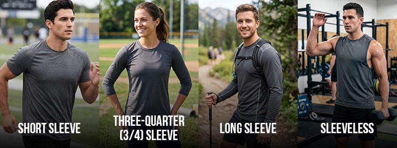 Performance t-shirt sleeve types showing short sleeve, three-quarter sleeve, long sleeve, and sleeveless cuts for athletic, fitness, and outdoor activities.