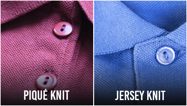 comparison of pique knit and jersey knit polo fabric textures showing differences in weave and finish