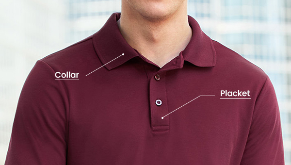 polo shirt collar and placket detail close up showing key apparel features