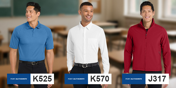 Port Authority K525 polo, K570 button-down shirt, and J317 jacket for principals and administrators in a classroom setting.