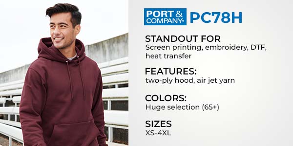 Man wearing Port & Company PC78H maroon hoodie – wholesale blank sweatshirt designed for screen printing, embroidery, DTF, and heat transfer customization