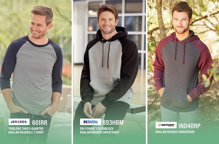 Raglan sleeve hoodies, sweatshirts and tees – JERZEES 601RR, Russell Athletic 693HBM and Independent IND40RP wholesale blanks Three American male models wearing raglan sleeve apparel outdoors, showcasing a JERZEES 601RR triblend raglan baseball tee, a Russell Athletic 693HBM Dri-Power colorblock raglan hooded sweatshirt and an Independent IND40RP raglan hooded sweatshirt, wholesale blank hoodies, sweatshirts and tees from YouApparel.