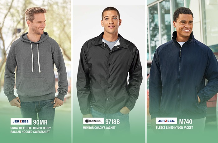 Raglan sleeve hoodies, sweatshirts and lightweight jackets – JERZEES 90MR hoodie, Burnside 9718B coach jacket and JERZEES M740 fleece lined nylon jacket Three male models wearing wholesale blank outerwear from YouApparel: a JERZEES 90MR snow heather French terry raglan hooded sweatshirt, a Burnside 9718B mentor coach’s jacket and a JERZEES M740 fleece lined nylon jacket, showcasing raglan sleeve hoodies, sweatshirts and layering tees and jackets for bulk buyers