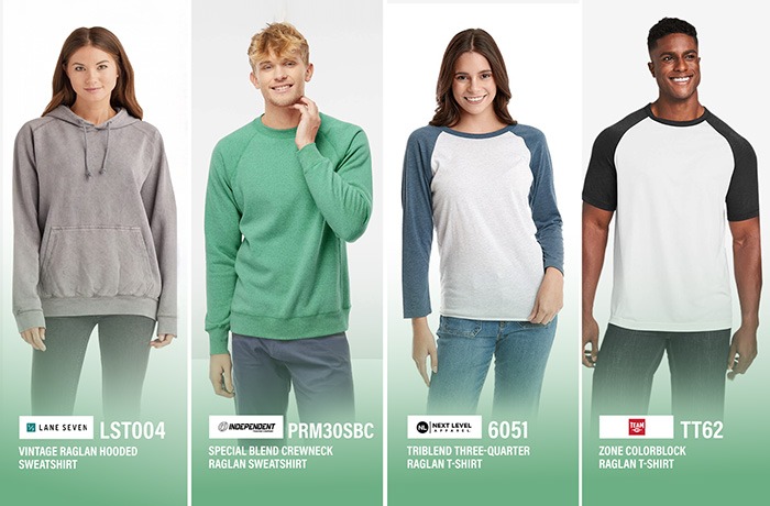 Raglan sleeve hoodies, sweatshirts and tees – Lane Seven LST004, Independent PRM30SBC, Next Level 6051 and Team 365 TT62 wholesale blanks Four American models wearing raglan sleeve wholesale blanks from YouApparel: a Lane Seven LST004 vintage raglan hooded sweatshirt, an Independent PRM30SBC special blend crewneck raglan sweatshirt, a Next Level 6051 triblend three-quarter raglan T-shirt and a Team 365 TT62 zone colorblock raglan T-shirt, showcasing raglan hoodies, sweatshirts and tees for bulk printing and customization.