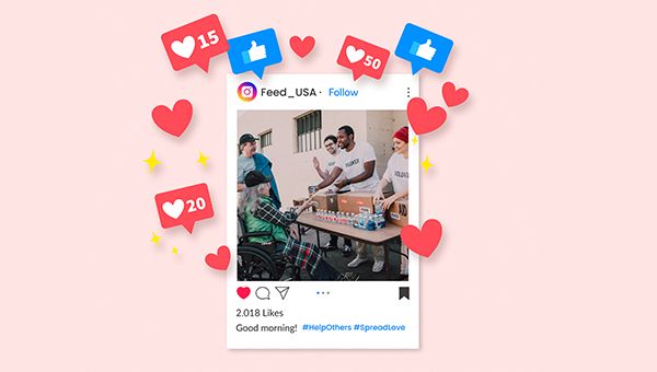 Social Media Engagement – Charity & Community Support Post social media post showing volunteers helping community with likes and engagement icons