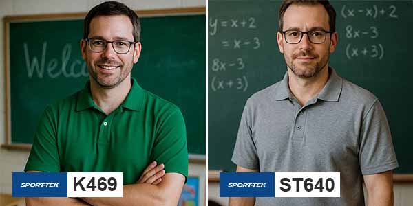 Comparison of Sport-Tek K469 and ST640 polo shirts for teachers, highlighting comfort and professional style in a classroom setting.