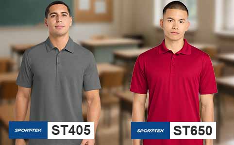 Sport-Tek ST405 and ST650 polo shirts in gray and red for back-to-school and office wear.