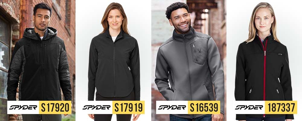 Four models wearing Spyder jackets in black and grey, including styles S17920 hooded jacket, S17919 women’s lightweight jacket, S16539 men’s soft shell jacket, and 187337 women’s full-zip jacket.