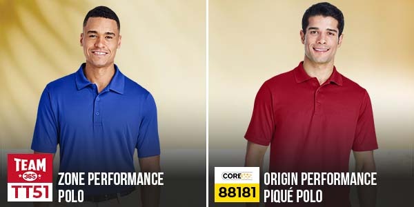 Comparison of Team 365 TT51 Zone Performance Polo (blue) vs Core 365 88181 Origin Performance Piqué Polo (red) for uniform use