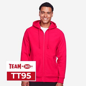 Man wearing Team 365 TT95 full-zip hooded sweatshirt in red, wholesale hoodie for customization and team wear