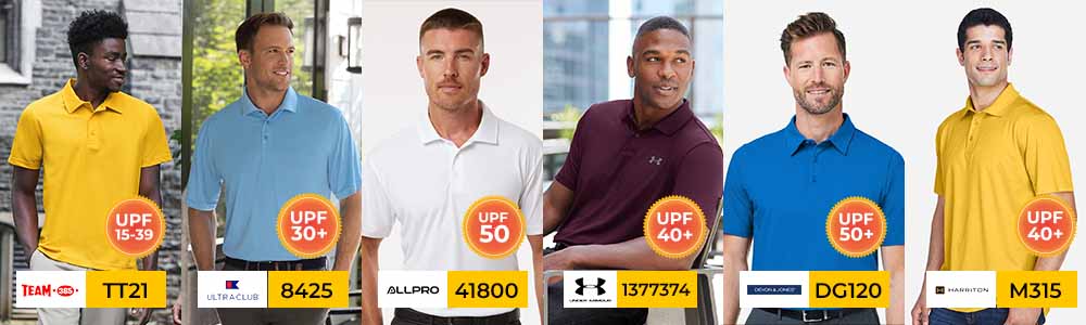 Lineup of men wearing various top-selling UV-protection polo shirts from brands like Team 365, UltraClub, AllPro, Under Armour, Devon & Jones, and Harriton with UPF 30–50+ ratings