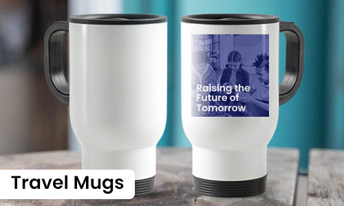 White custom travel mug with black handle and lid, featuring a blue-toned design with the text “Raising the Future of Tomorrow,” ideal for fundraisers, events, or promotional giveaways.