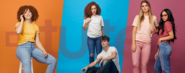 Models wearing Tultex blank T-shirts in multiple colors for screen printing and apparel decoration