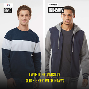 Two-Tone Varsity Sweatshirt in Grey and Navy Two-tone varsity sweatshirt in grey and navy for casual and athletic wear.