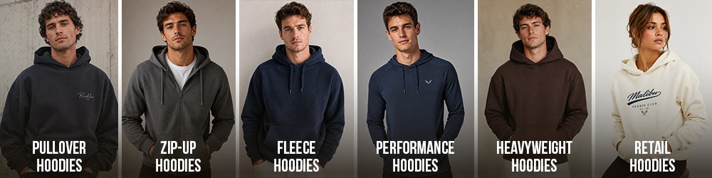 Collage showing different types of hoodies, including pullover, zip-up, fleece, performance, heavyweight, and retail hoodies.