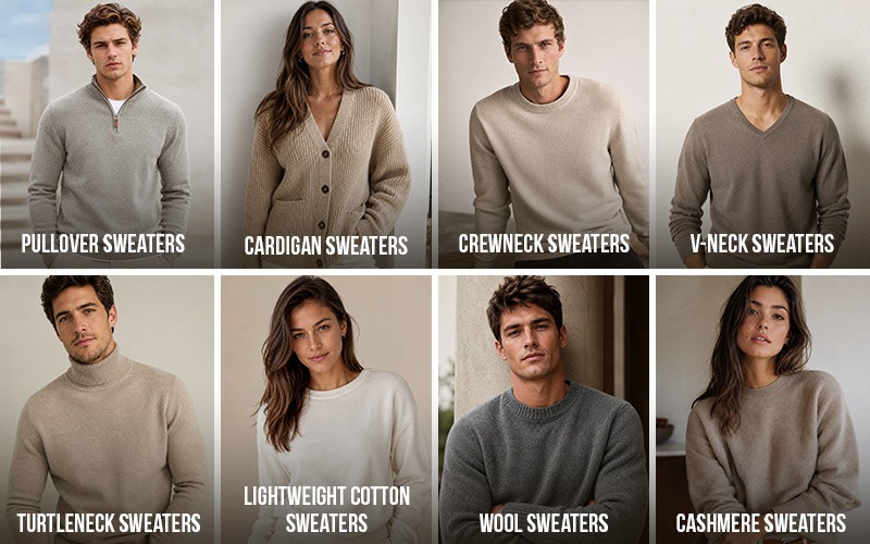 Collage showing different types of sweaters, including pullover, cardigan, crewneck, V-neck, turtleneck, lightweight cotton, wool, and cashmere sweaters.