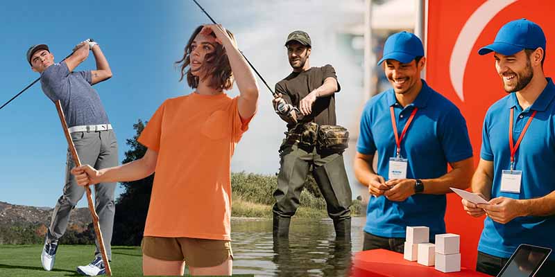 People wearing UV-protection shirts during golf, fishing, field work, and branded outdoor events, showcasing versatile sun-safe apparel