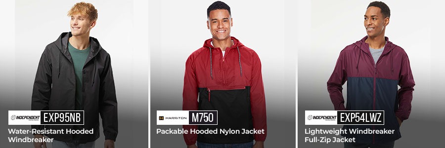 Three models showcasing different styles of windbreaker jackets: water-resistant hooded windbreaker, packable hooded nylon jacket, and lightweight full-zip windbreaker, ideal for outdoor activities.