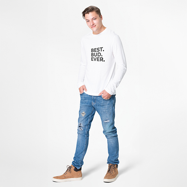 man wearing white long sleeve t shirt with custom print casual outfit